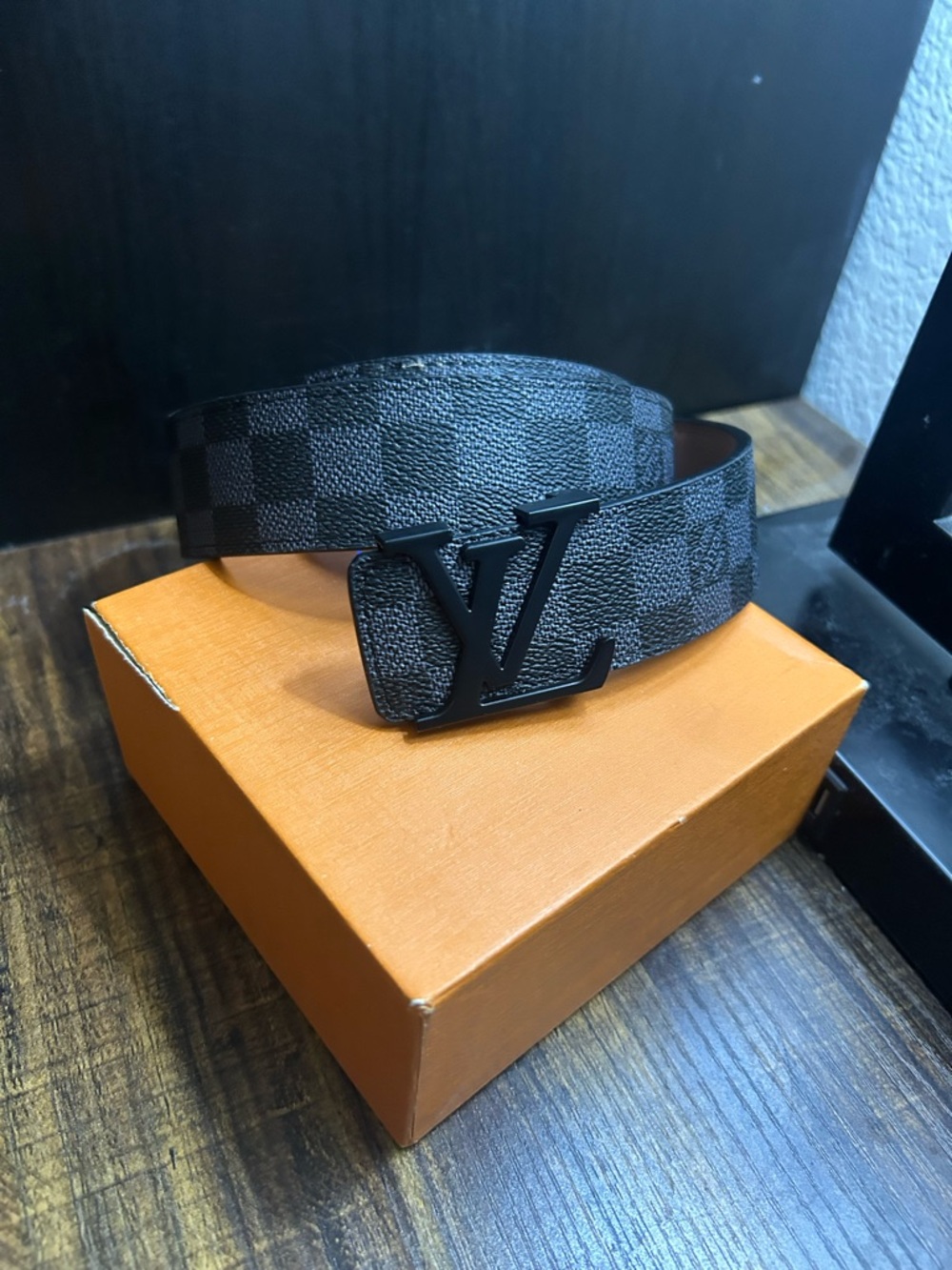 Louis Vuitton Men's Black Damier Canvas Belt with Matte Black LV Buckle